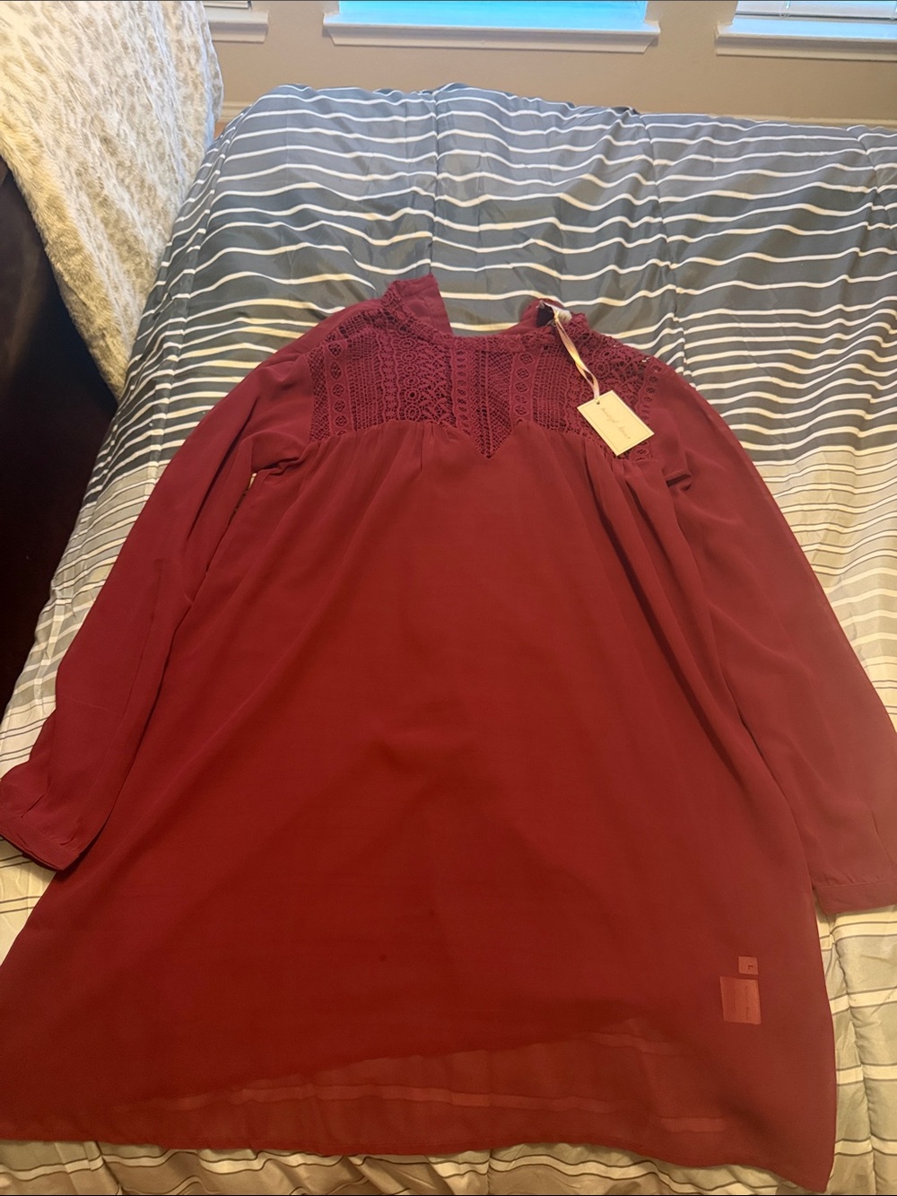 Women's Burgundy Lace Yoke Long-Sleeve Top